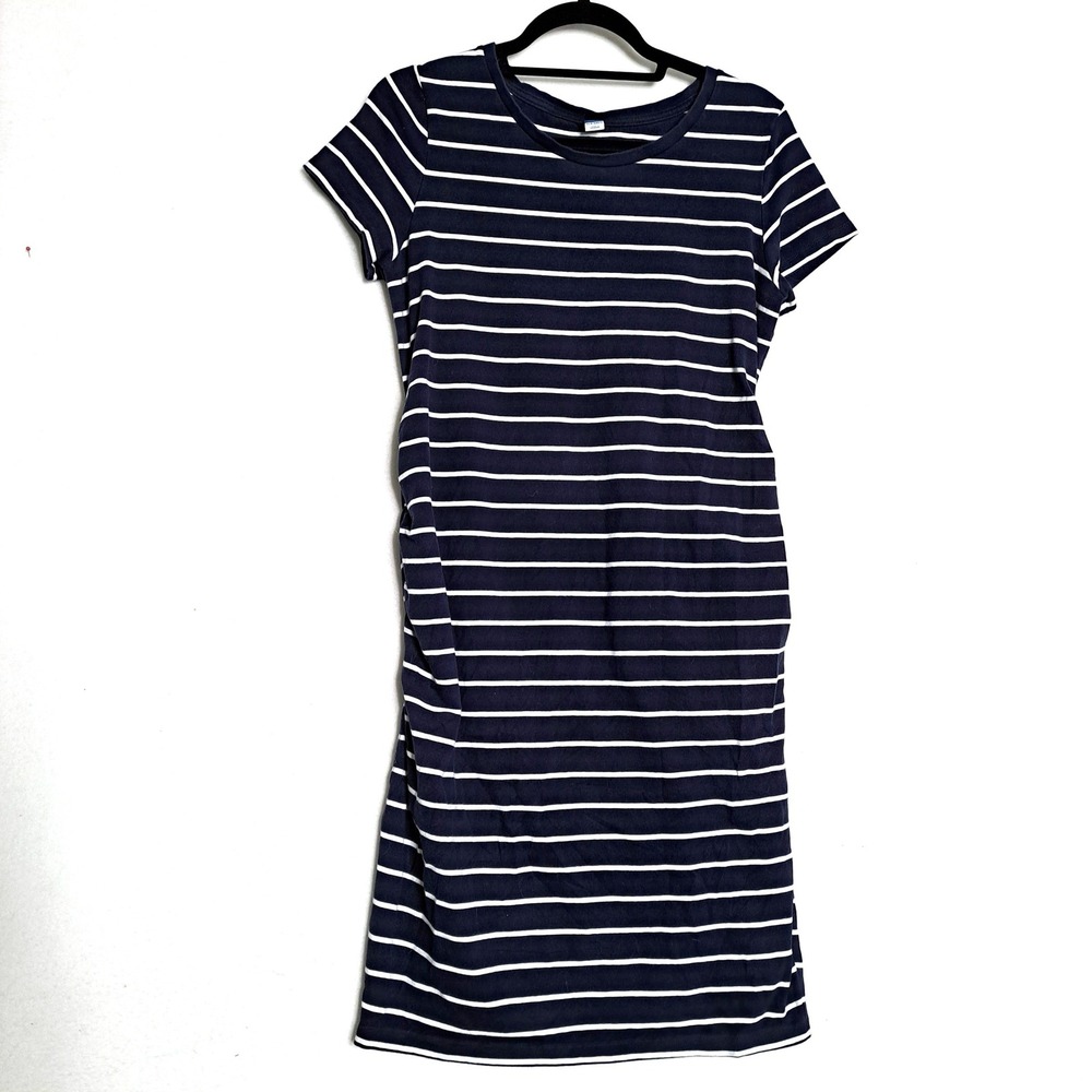 Old Navy Maternity Womens L Navy White Stripe Ruched Side TShirt Dress Knit